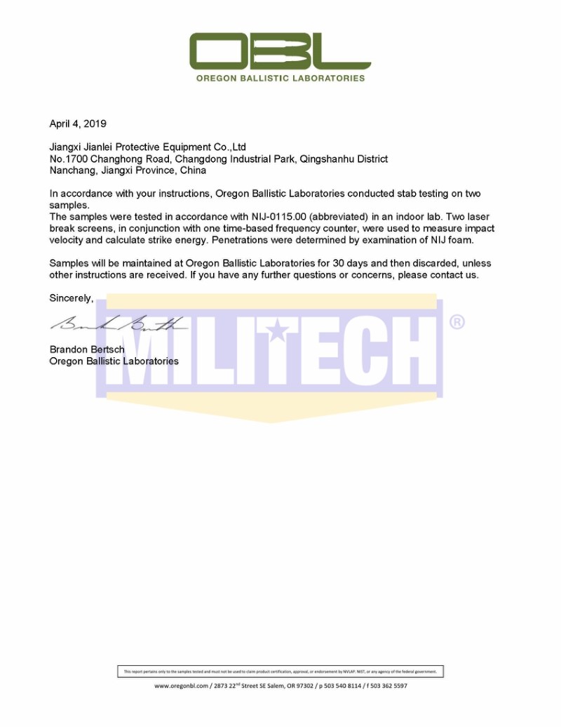 Bulletproof Vest OBL Stab Resistant NIJ Level 1 0115.00 Report 1